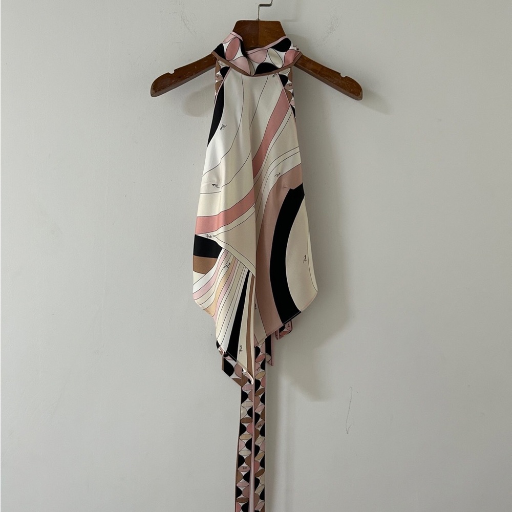 Emilio Pucci Pink Black Cream Printed Silk Halter Crop Top